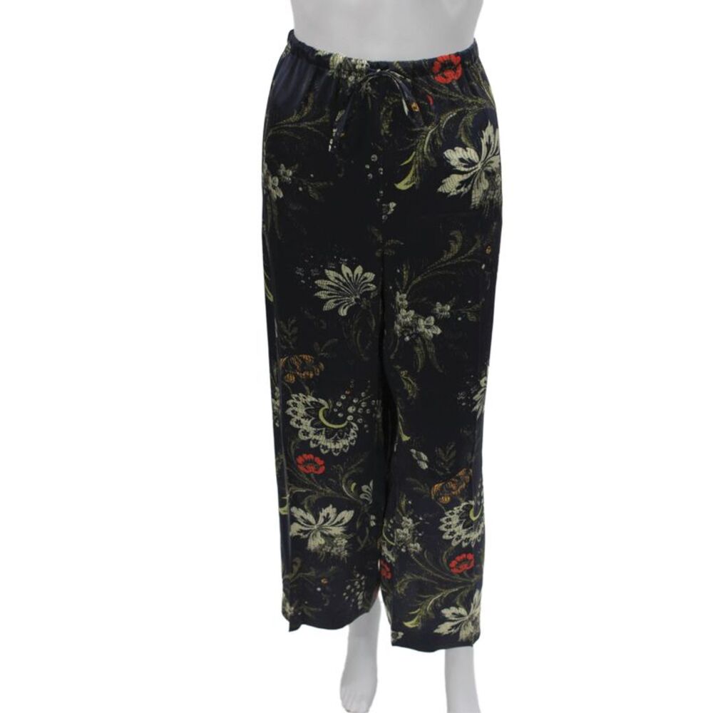 Dries Van Noten Women Black Silk Floral Drawstring Pants Size 42